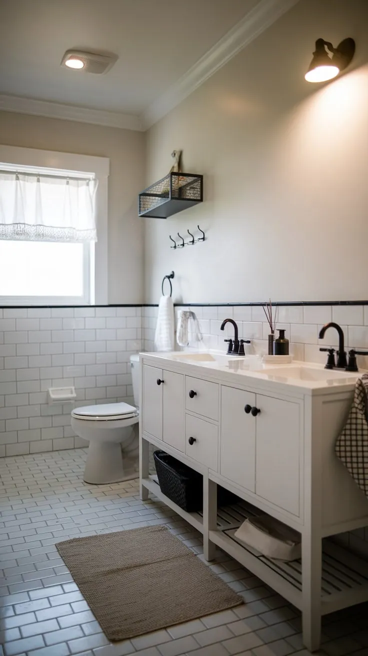 A sleek white and gray farmhouse bathroom boasts a double vanity, black accents, and ample storage.