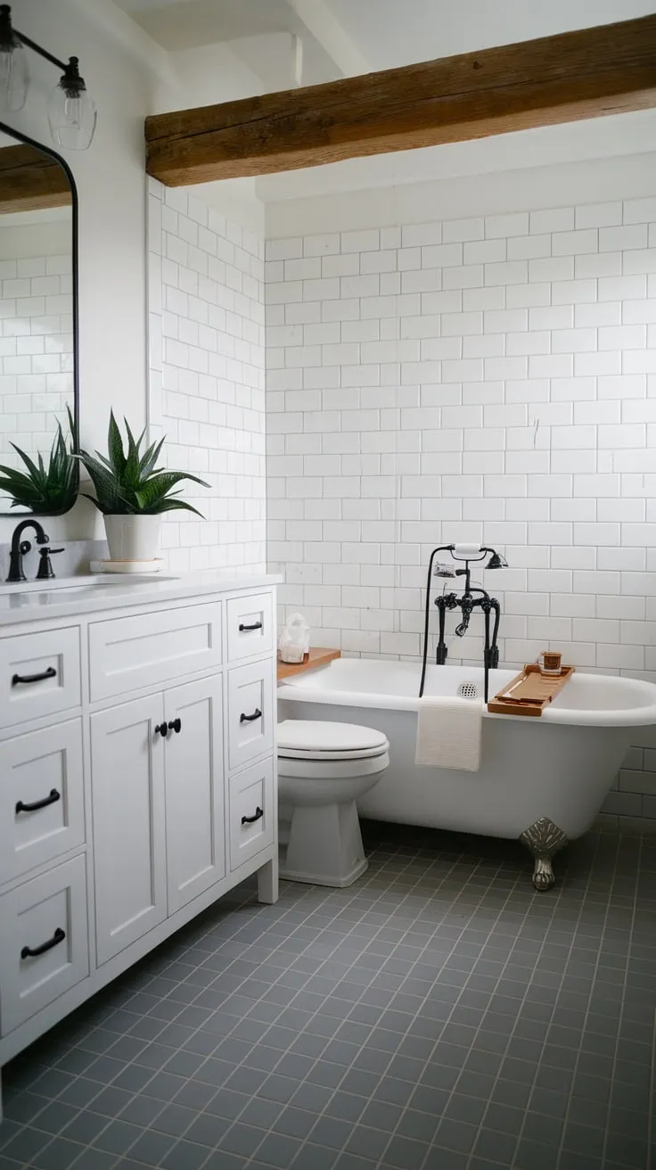 A stylish modern bathroom features a white vanity, black fixtures, and a patterned tiled wall, creating a calming farmhouse aesthetic.