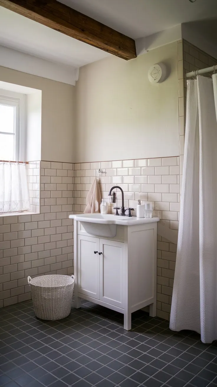 A serene modern bathroom blends farmhouse aesthetics with clean lines and a calming color palette.