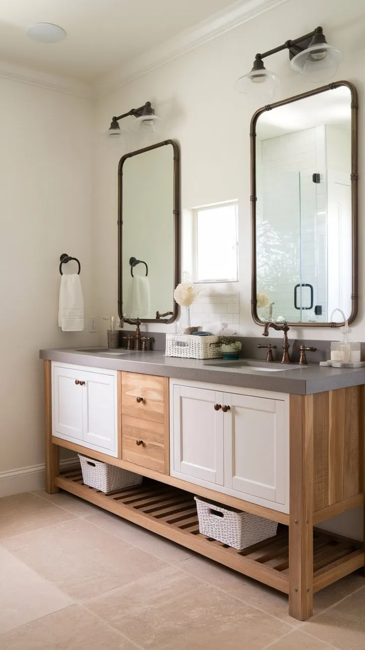 White walls and a large bronze-framed mirror complete the stylish yet calming space.