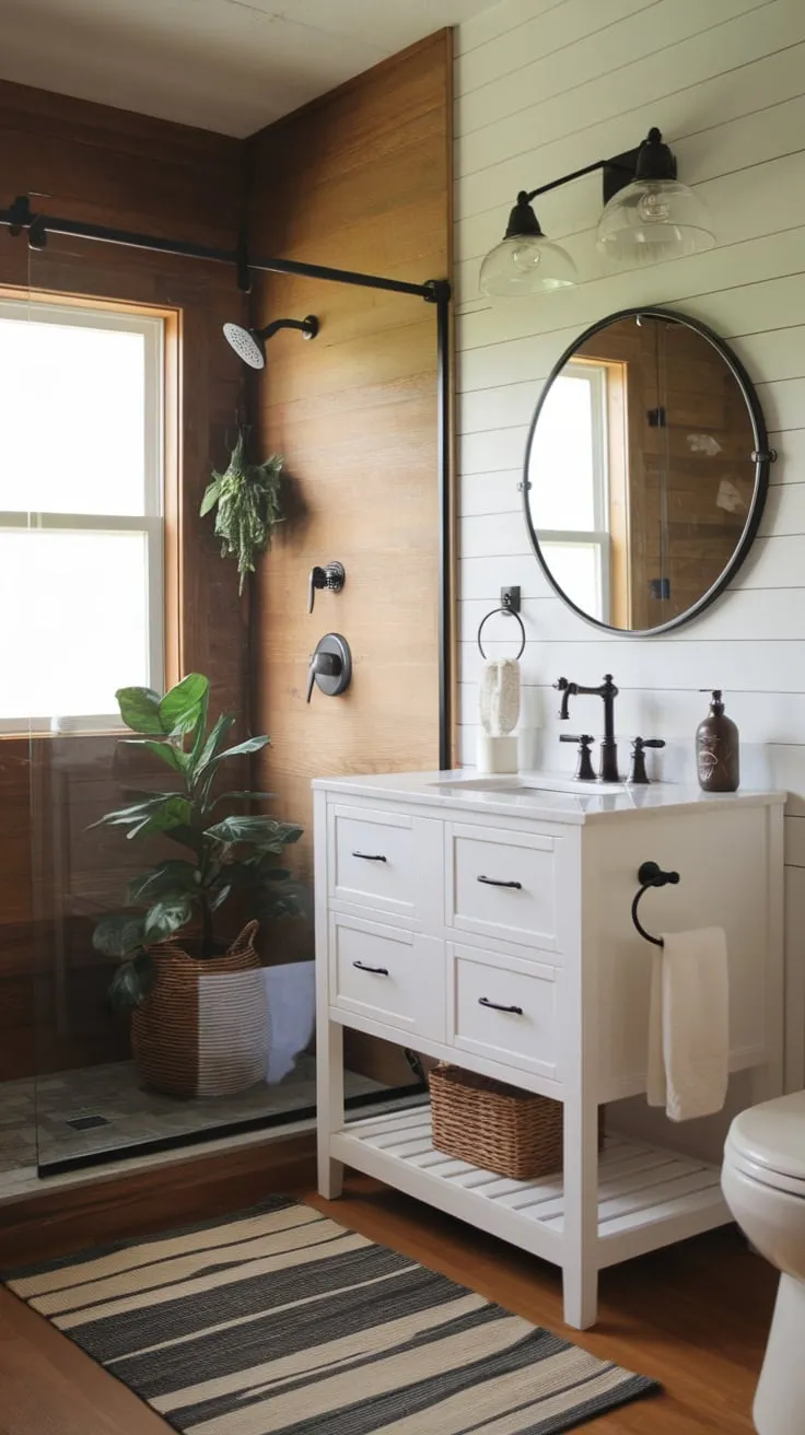 A modern farmhouse bathroom boasts a sleek white vanity, wood accents, and a glass-enclosed shower, creating a stylish and serene space.