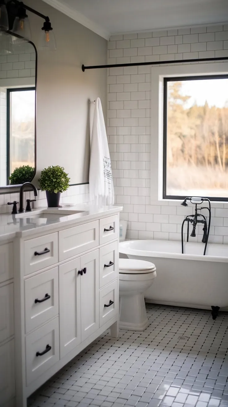 Soft lighting illuminates a calming space where clean lines meet nature's view in a stylish modern bathroom.