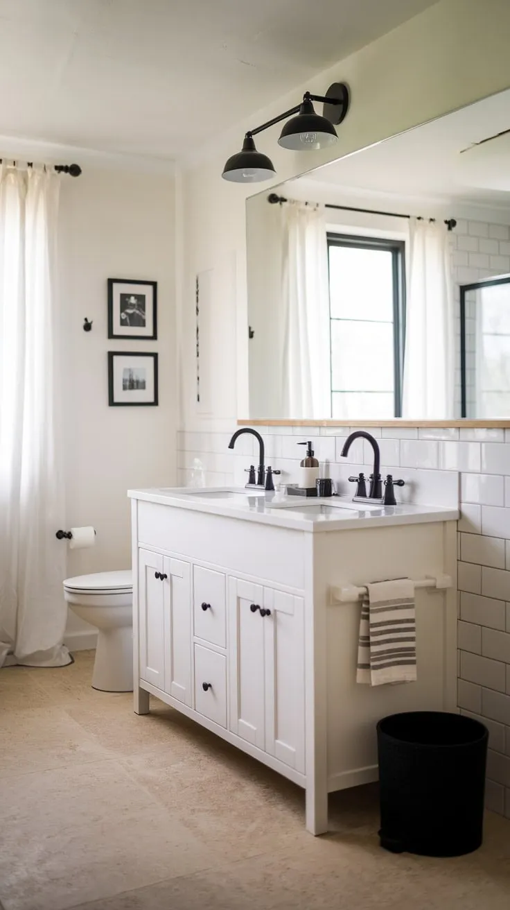 A sleek modern farmhouse bathroom boasts a double white vanity with black accents, beige tile floors, and framed artwork.