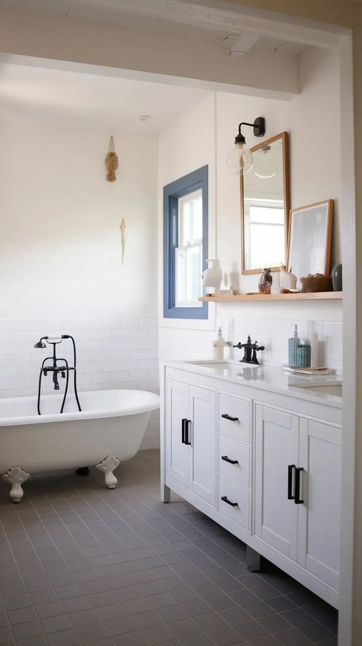 Clean lines and a farmhouse aesthetic define this modern bathroom, featuring a white soaking tub, double vanity, and gray tile floor.