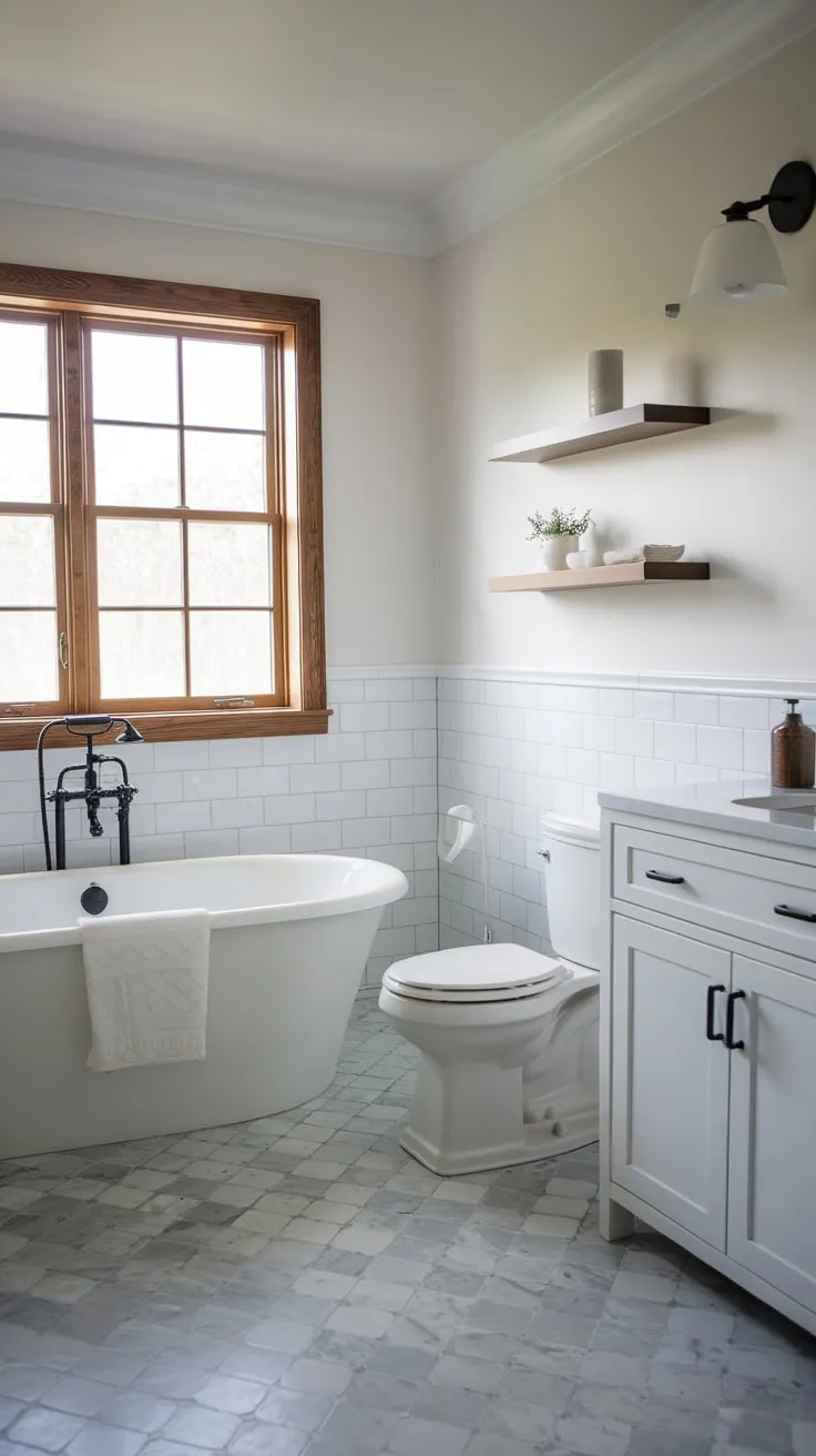 A serene modern farmhouse bathroom features a freestanding tub, grey patterned floors, and crisp white fixtures for a stylish retreat