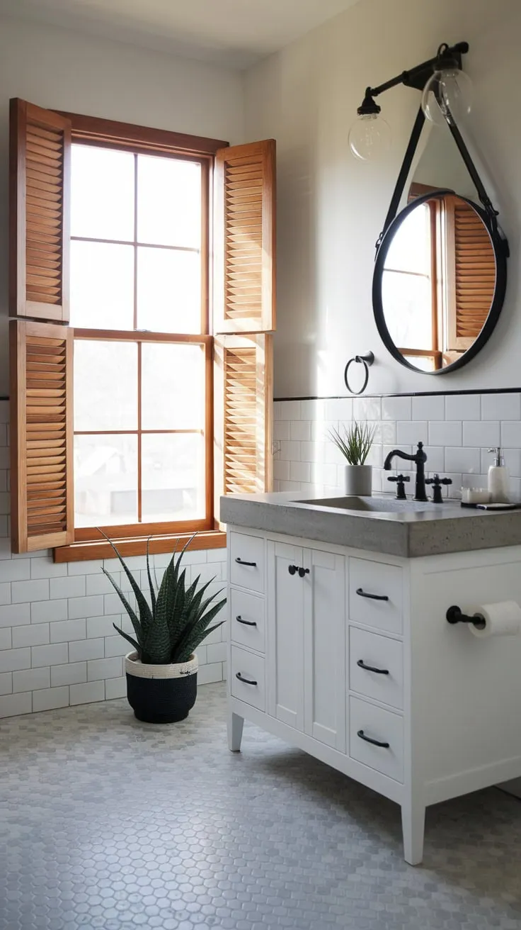 Natural light floods a modern farmhouse bathroom featuring a white vanity, concrete countertop, black fixtures, and hexagonal tile flooring.