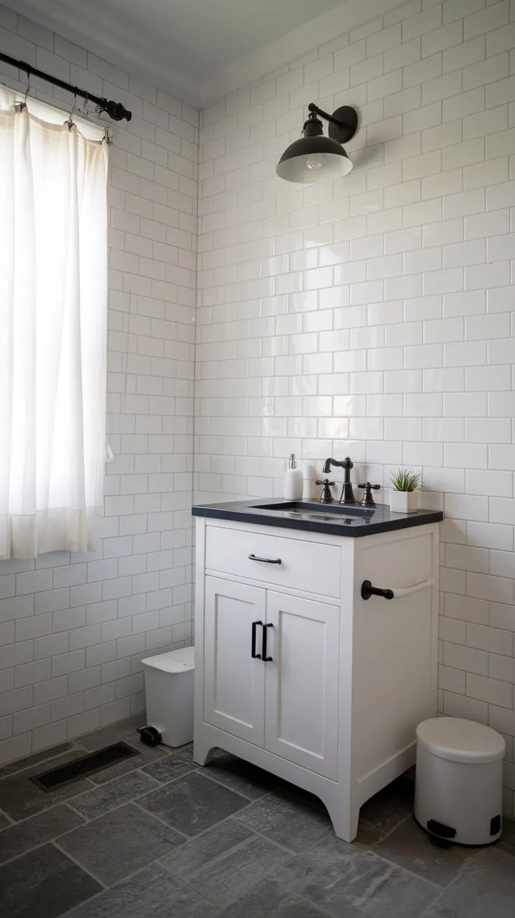 Gray tile floors and a black light fixture complete the chic, minimalist design.