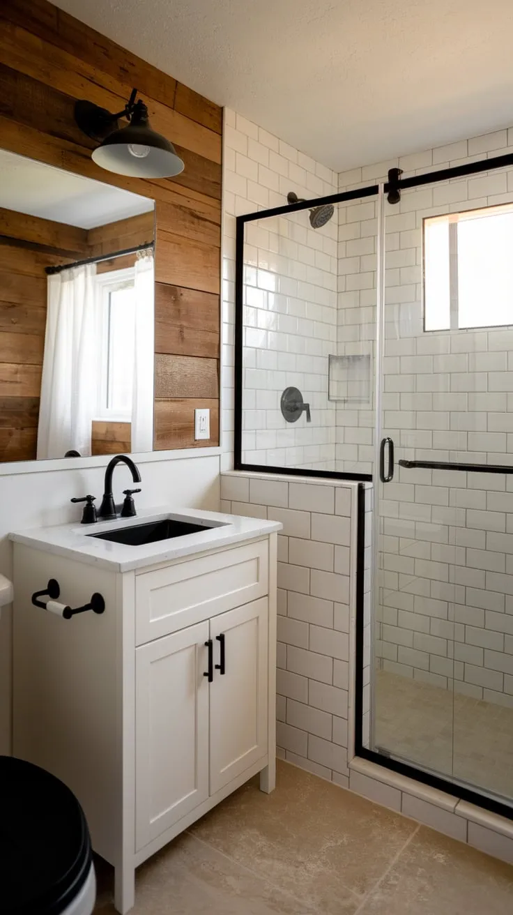 A white vanity, black fixtures, and beige tile create a stylish yet calming modern farmhouse bathroom retreat.