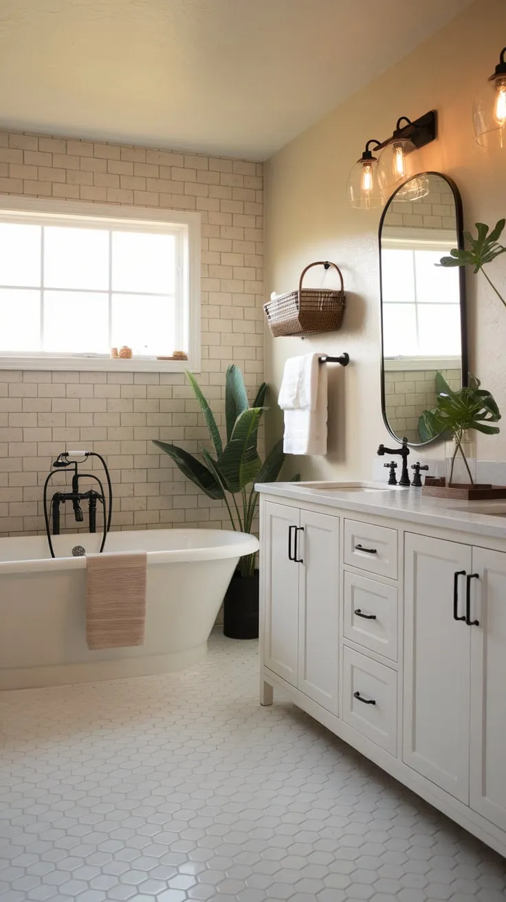 A serene modern bathroom features a freestanding tub, double vanity, and potted plant against a backdrop of warm lighting and stylish tile.