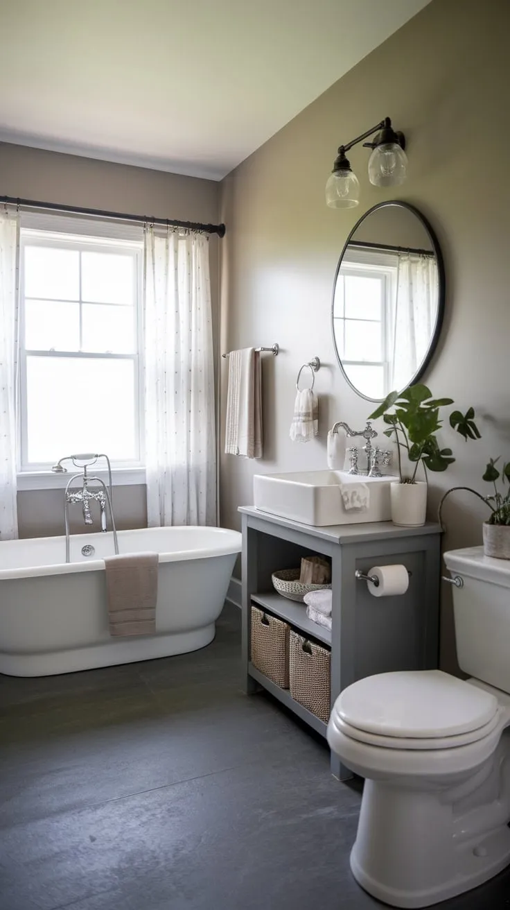 A minimalist white bathroom with gray accents creates a tranquil modern farmhouse atmosphere.