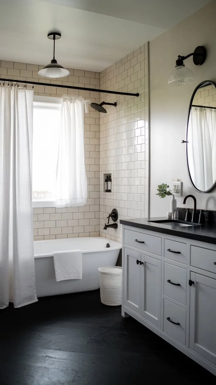 Clean lines and a minimalist aesthetic define this modern bathroom, where black accents contrast beautifully against white surfaces and beige tile.