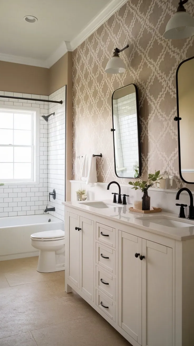 A serene modern farmhouse bathroom boasts a double vanity with black fixtures, beige tile floors, and tasteful patterned accents.