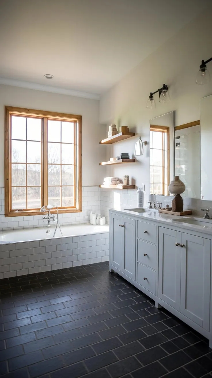 A white farmhouse bathroom with dark tile floors, wooden accents, and ample natural light offers a sophisticated yet calming retreat.