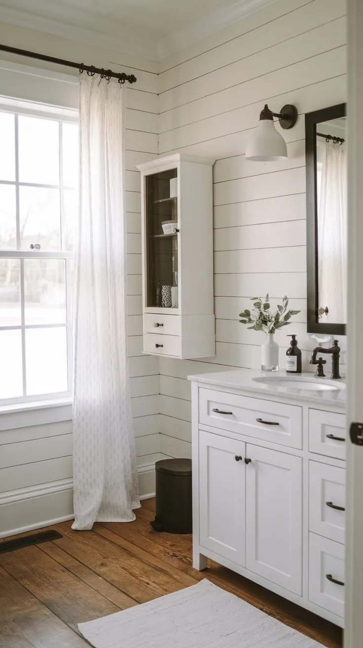 Natural light floods a modern farmhouse bathroom featuring shiplap walls, a white vanity with black accents, and warm wood floors.