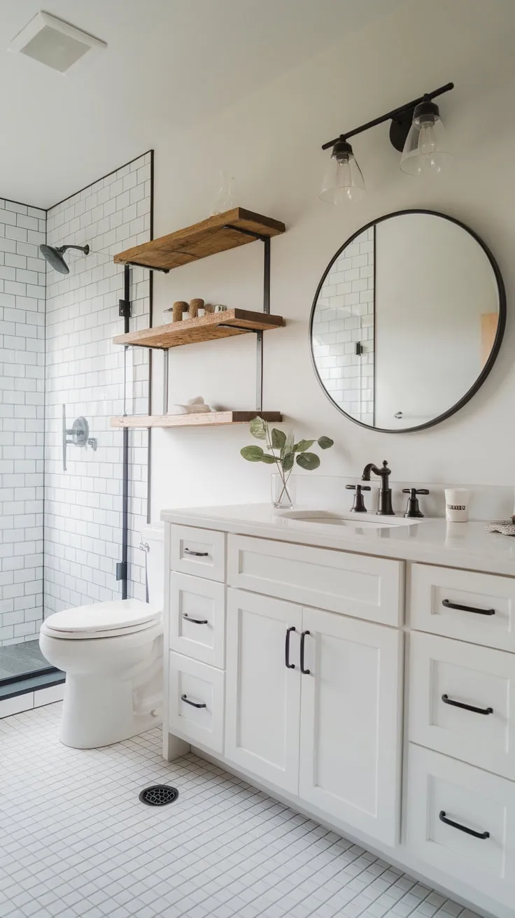 Clean lines and white tile create a spacious modern farmhouse bathroom brightened by a round mirror and accented with wood.