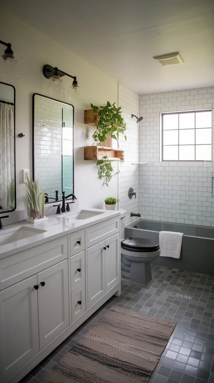 Clean lines and a calming palette define this modern farmhouse bathroom, featuring a dual-sink vanity, grey tub, and stylish tilework.