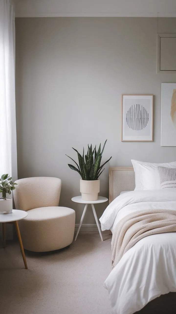 This serene bedroom artfully fuses Japandi and Scandinavian styles, showcasing a soothing neutral palette and minimalist decor for a tranquil retreat.