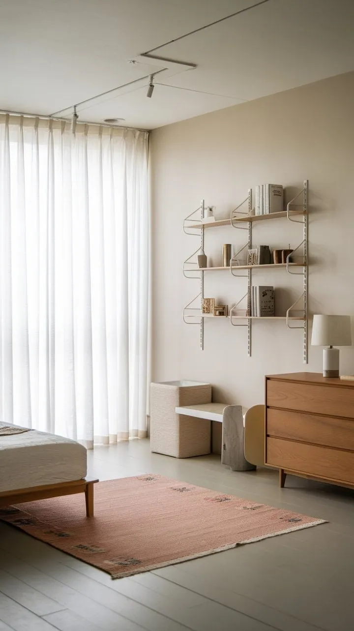 This Scandinavian-inspired bedroom harmoniously blends modern simplicity with timeless elegance, featuring light wood accents and a soothing color palette that exudes warmth and personality.
