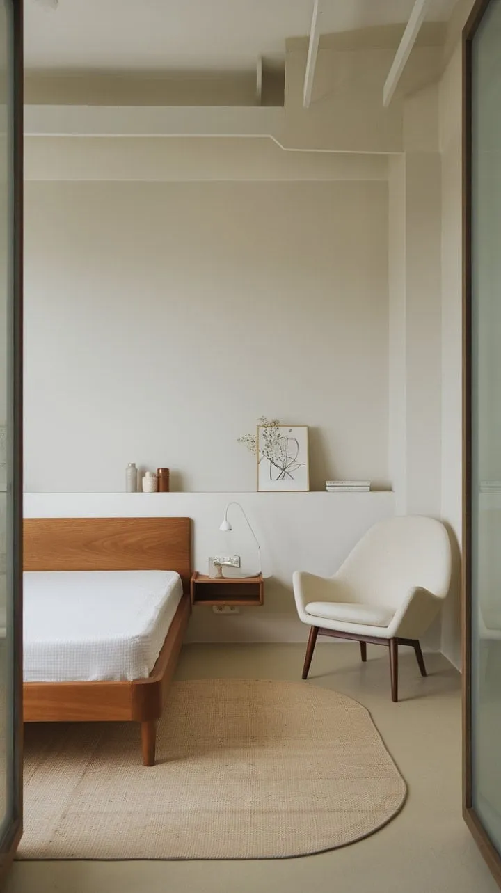 This small bedroom masterfully blends Japandi and Scandinavian design, creating a tranquil haven of understated elegance through clean lines and a soothing neutral palette.