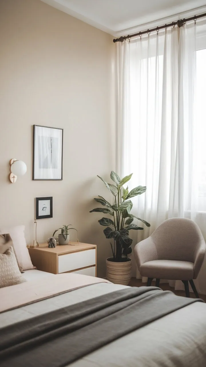 Bathed in sunlight, this Japandi-inspired bedroom harmoniously blends minimalist design with cozy comfort, creating a serene sanctuary of understated elegance.