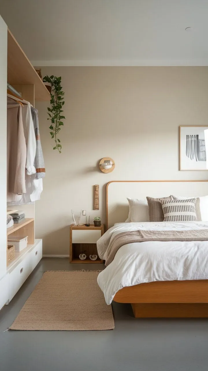 This Japandi-Scandinavian bedroom harmoniously combines minimalist design and natural materials to create a serene sanctuary of style and tranquility.