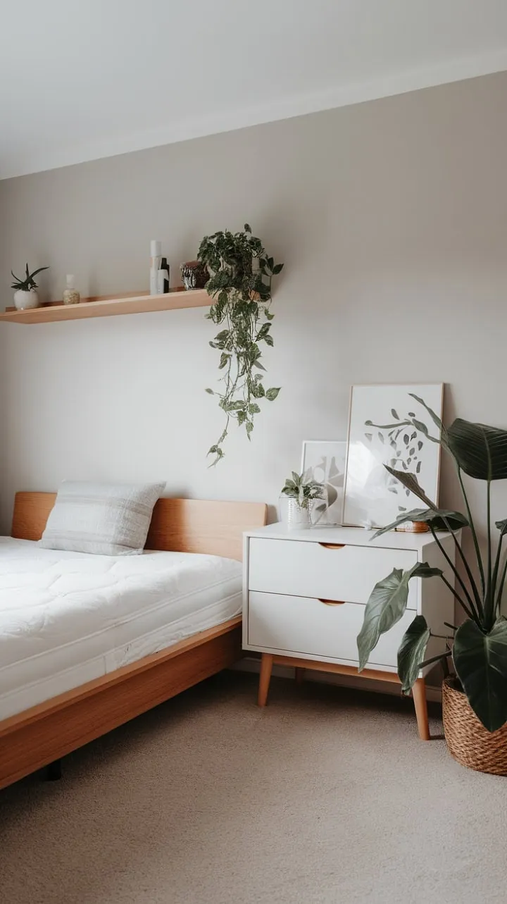 Experience serene sophistication in a beautifully crafted bedroom where Japandi and Scandi styles harmonize with natural light and lush greenery.