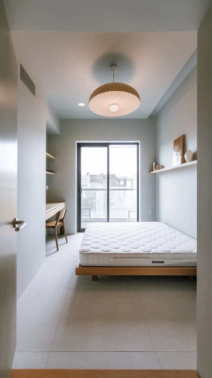 This serene Japandi-Scandinavian bedroom, with its light gray walls and minimalist design, harmoniously blends a queen-sized bed and wooden light fixture with a balcony view to evoke calm and understated elegance.
