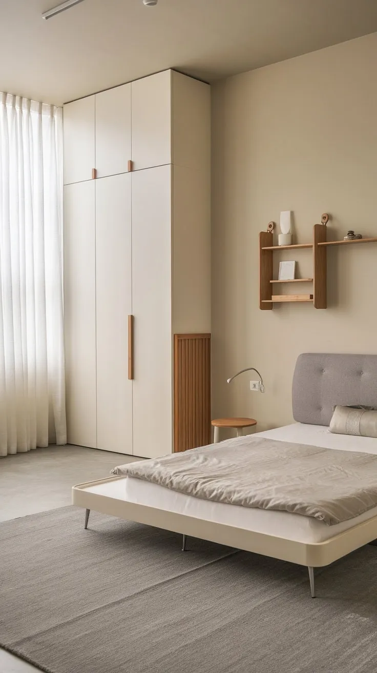 Soft beige walls and a gray rug create a serene atmosphere in this compact modern bedroom featuring Japandi and Scandinavian design elements.