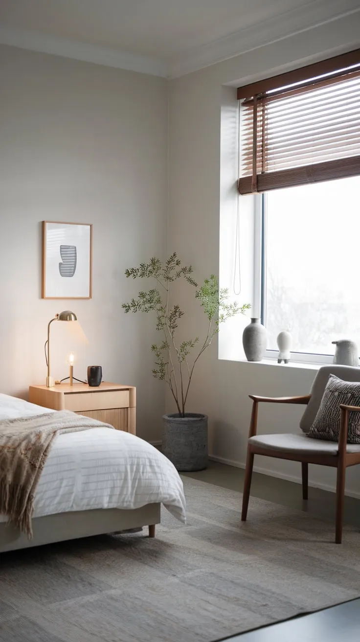 White walls and a plush rug create a serene modern haven in this compact yet stylish bedroom.