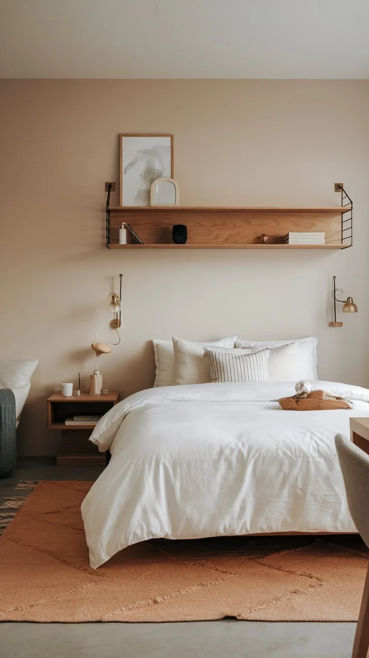 Soft beige walls and a simple layout create a serene modern bedroom reflecting Japandi and Scandinavian design influences in a compact space.