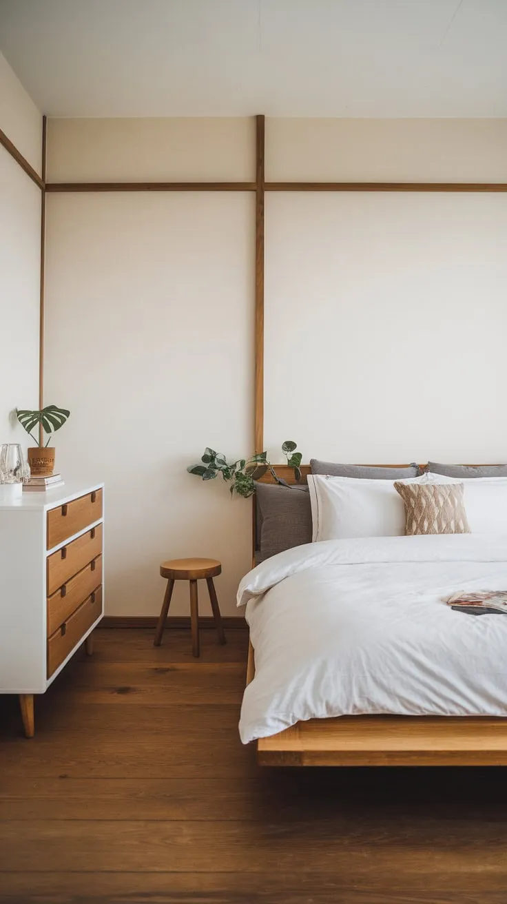 A minimalist Japandi-Scandinavian bedroom features a wooden platform bed, white dresser, and light wood floors creating a serene space.