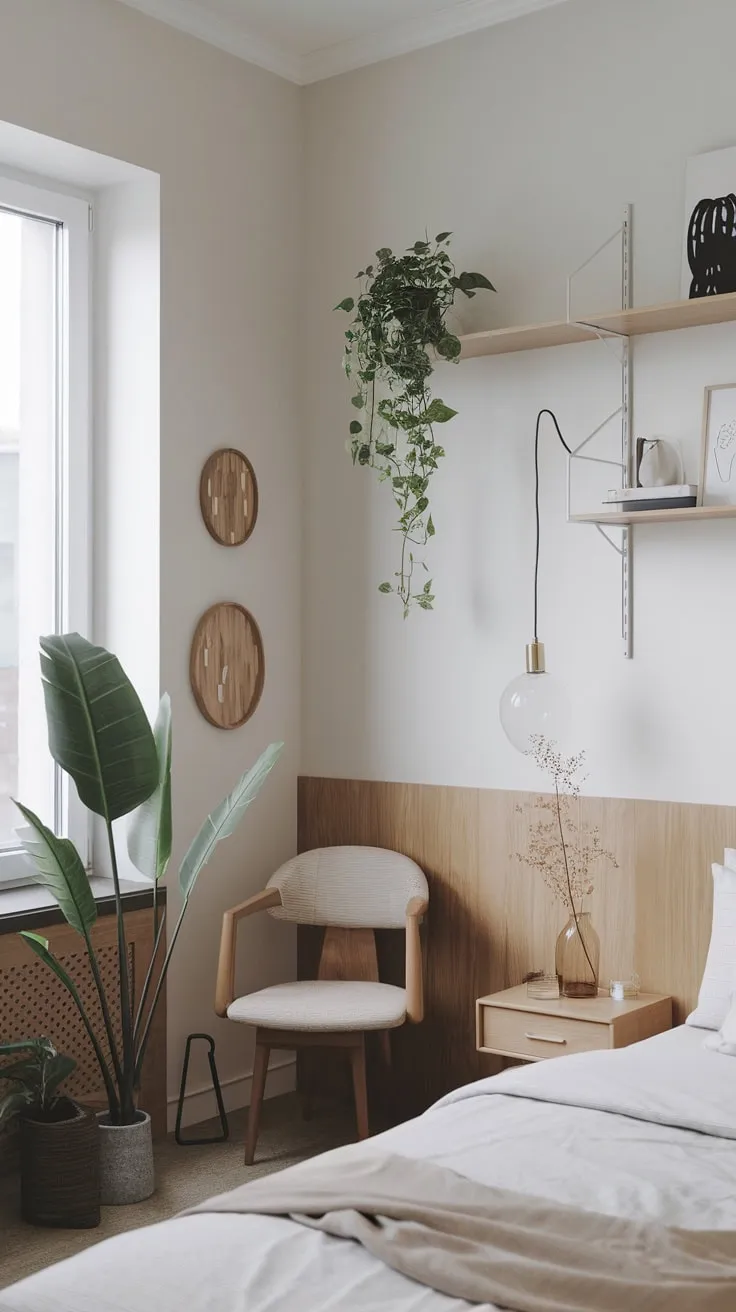 Small yet stylish, this modern bedroom blends Japanese and Scandinavian design with simple elegance.