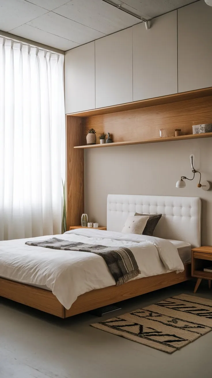 A minimalist Japandi bedroom, small yet serene, features a wooden bed and light grey walls creating a calming Scandinavian space.