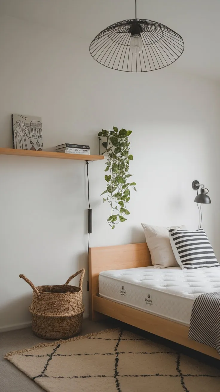 A minimalist Japandi-Scandinavian bedroom boasts a small footprint, clean lines, and natural wood accents.