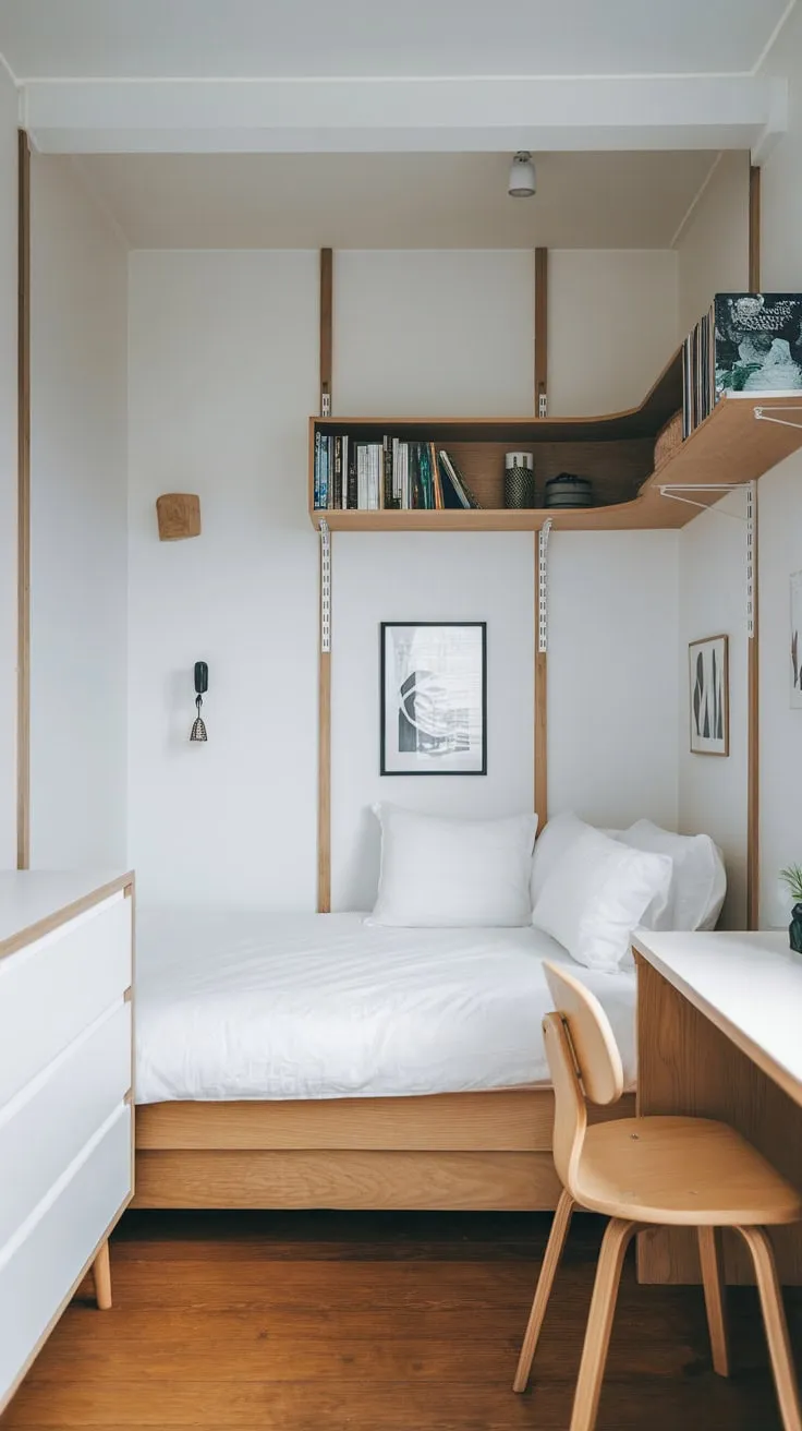 Clean lines and natural wood define this small, modern bedroom's Japandi and Scandi aesthetic.