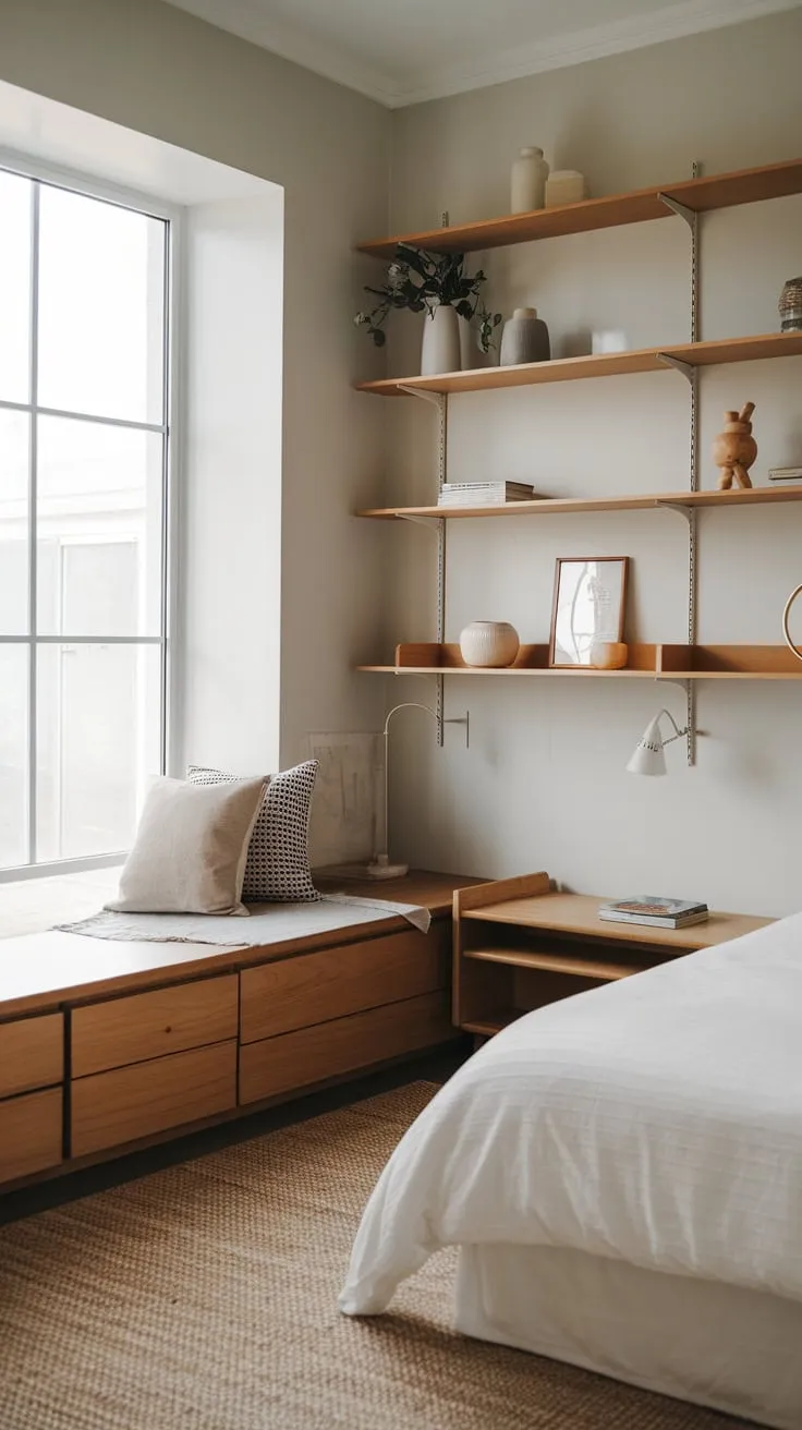A serene modern bedroom blends Japandi and Scandinavian minimalism with natural light and simple wooden accents.