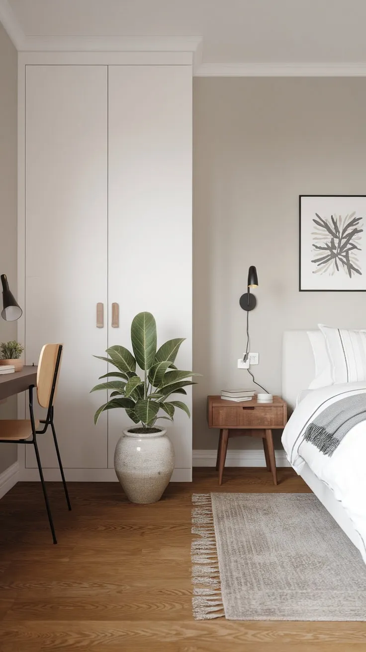 Minimalist white furniture and natural wood accents create a calming Japandi-Scandinavian haven in this modern bedroom.