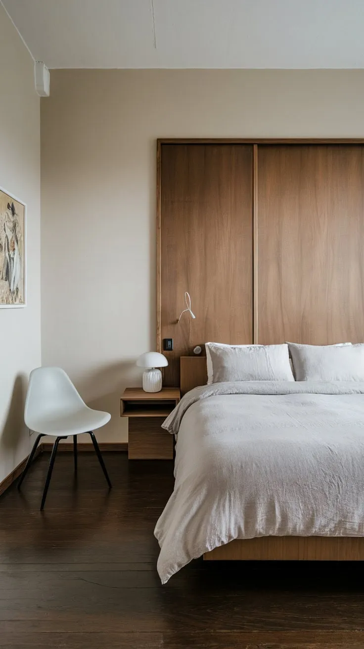 A minimalist Japandi-Scandinavian queen bedroom boasts a calming light beige palette, dark wood floors, and a large wooden wall panel for a small-space haven.
