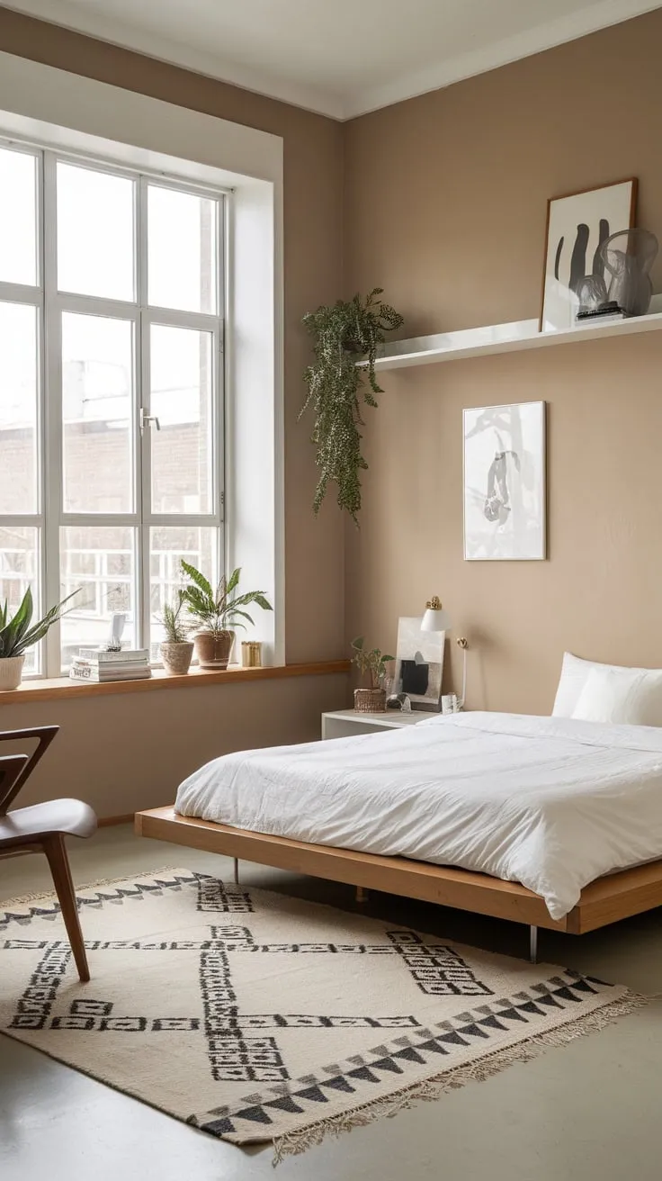 A minimalist Japandi-Scandi bedroom boasts a wooden platform bed, geometric rug, and natural light flooding through large windows.