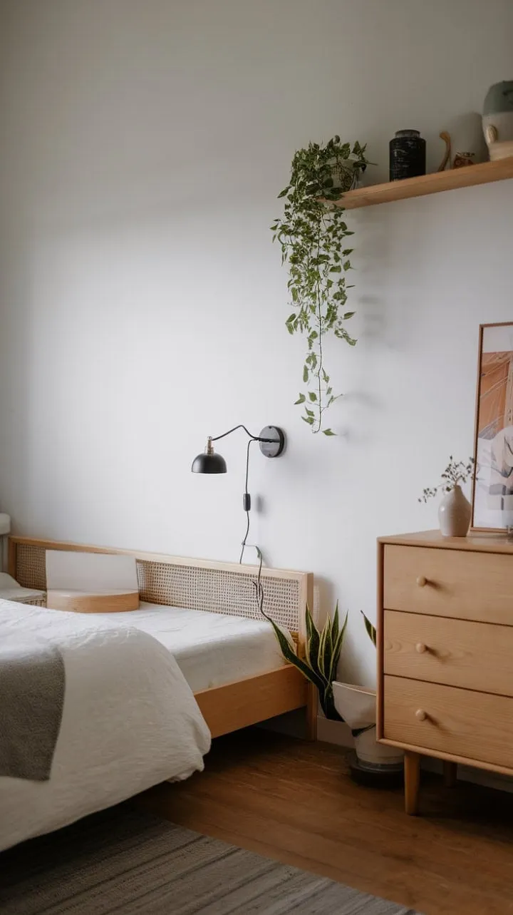 This serene bedroom harmoniously fuses Japandi and Scandinavian styles, showcasing the beauty of simplicity through clean lines, natural materials, and a soothing color palette.