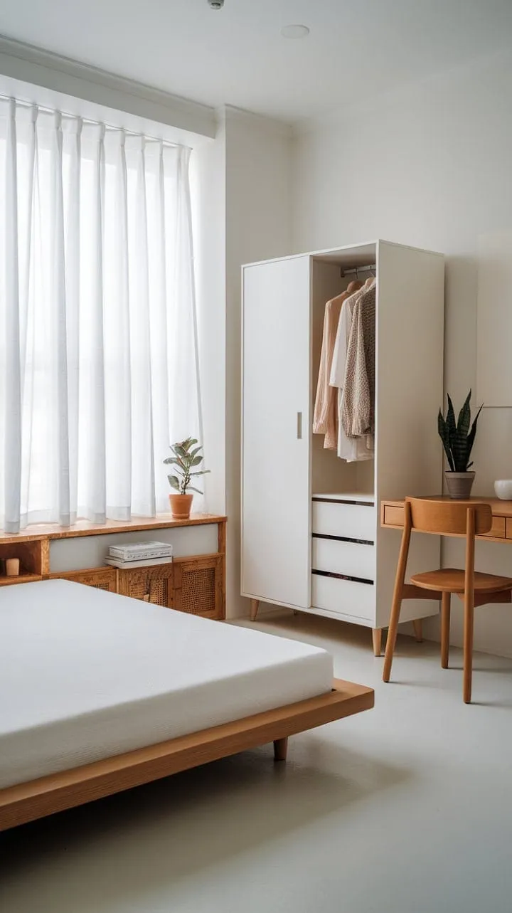 Bathed in sunlight, this Japandi-inspired bedroom exudes tranquility with its minimalist design, wooden elements, and a vibrant plant that breathes life into the serene space.