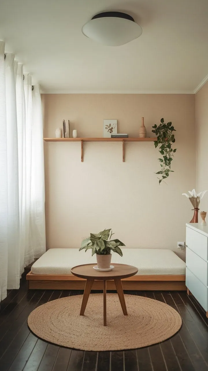 This serene sanctuary artfully fuses Scandinavian and Japandi styles, showcasing a harmonious balance of functionality and understated elegance through its low bed and natural materials.