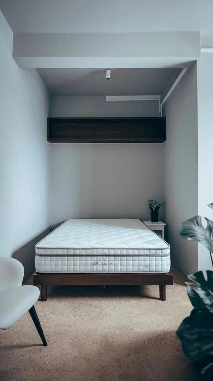 This Japandi-inspired bedroom harmoniously combines Scandinavian functionality with Japanese aesthetics, featuring muted grey walls and dark wood accents for a warm, intimate retreat.