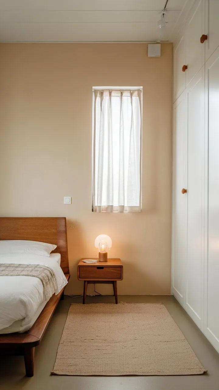 This serene minimalist bedroom harmoniously fuses Japandi and Scandinavian styles, offering a tranquil retreat with its warm wooden accents and soothing neutral tones.