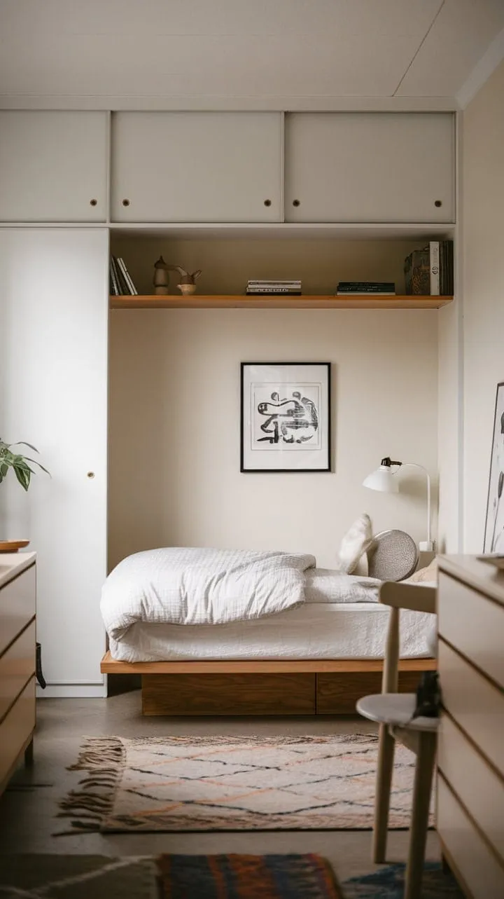 This Japandi bedroom harmoniously blends minimalist design with warm wood accents, creating a serene sanctuary that celebrates thoughtful curation and functionality.