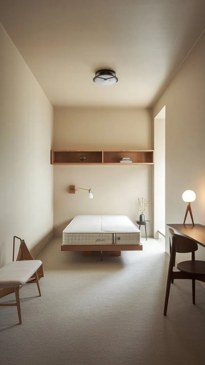 This small bedroom beautifully blends Japandi and Scandinavian design, featuring a serene neutral palette and wooden furniture that exemplify mindful minimalism.