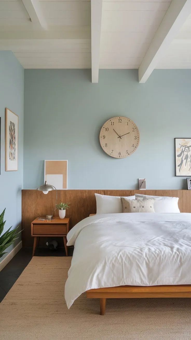 Minimalist design defines this modern bedroom, showcasing a Japandi-Scandinavian aesthetic through natural wood, calming colors, and a few thoughtfully chosen pieces.