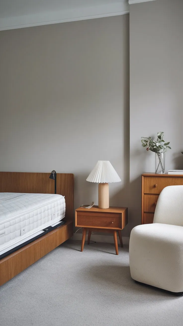 Light grey walls and wooden accents create a serene and small modern bedroom with a Japandi and Scandinavian feel.