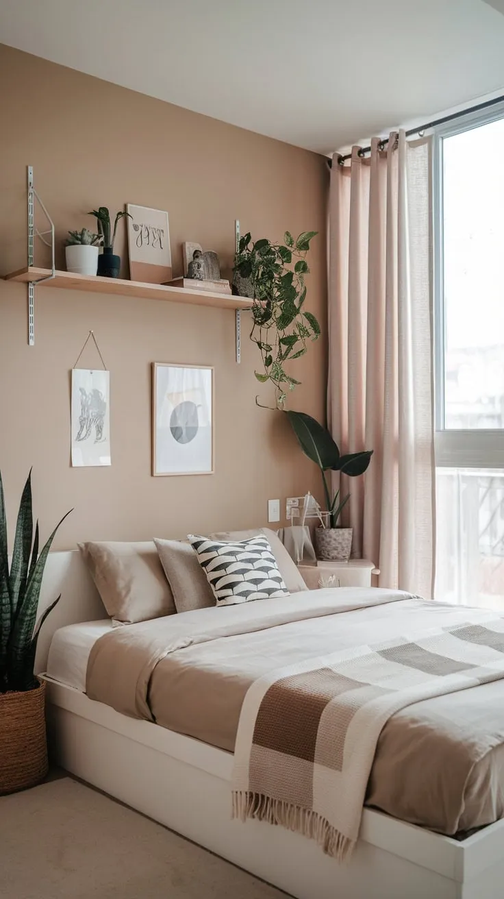 A minimalist Japandi-Scandinavian bedroom boasts a small yet serene space with a white bed, wooden shelf accents, and soft beige tones.