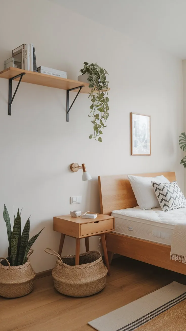 Soft lighting illuminates a serene modern bedroom featuring a wooden bed, nightstand, and woven accents within a small space.